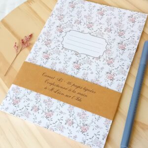 Carnet A5 fait main style Jane Austen, couverture imprimé fleuri, 36 pages lignées. Papeterie artisanale