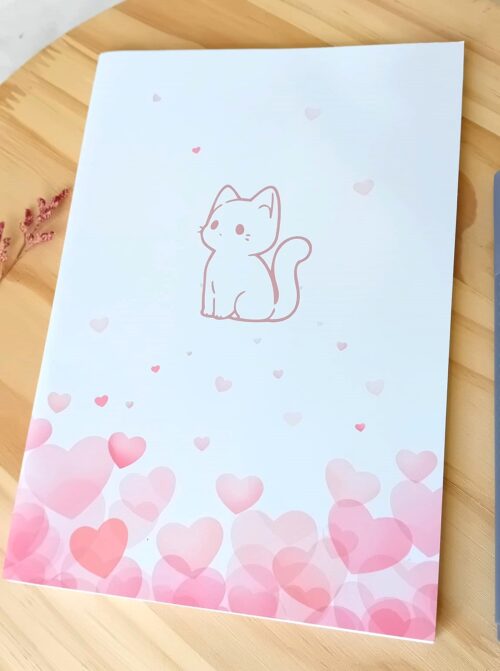 Carnet A5 fait main chaton rose, 36 pages lignées, papeterie artisanale création unique