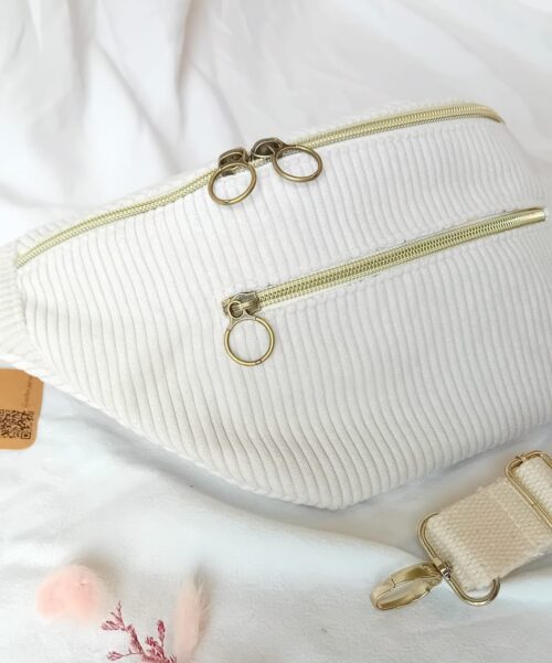Sac banane XL écrue, 3 compartiments zippés, sangle coton amovible artisanal.