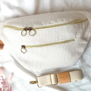 Sac banane XL écrue, 3 compartiments zippés, sangle coton amovible artisanal.