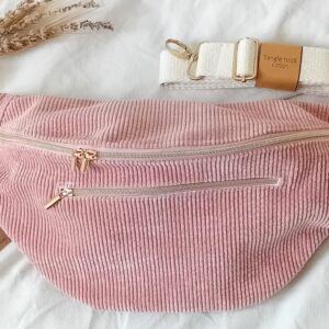 Sac banane XL rose poudré, 3 compartiments zippés, sangle coton amovible artisanal.