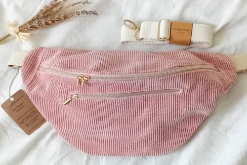 Sac banane XL rose poudré, 3 compartiments zippés, sangle coton amovible artisanal.
